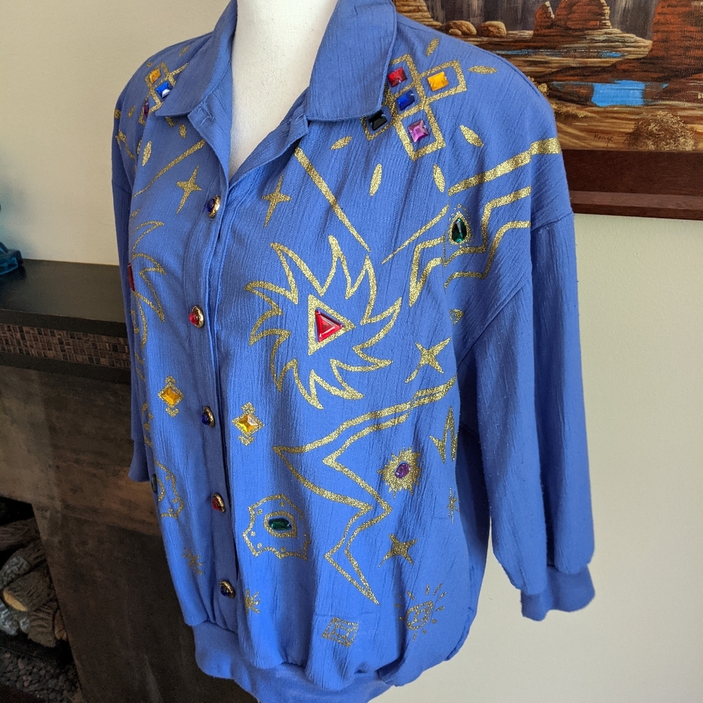 80s Funky Gold Colorful Beaded Button Top Purple Blue Womens Large ShortSLV 182 - Picture 4 of 6